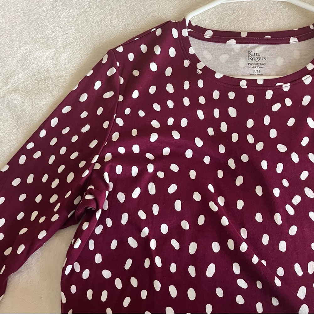 Kim Rogers Women's Burgundy and White Dot Blouse 3/4 Sleeve Sz‎ P/M - Picture 6 of 7